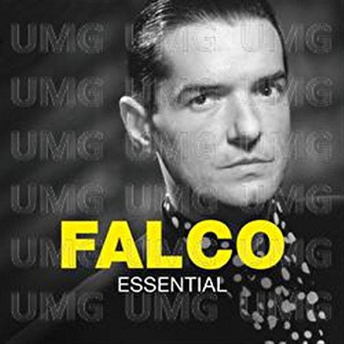 Black and white portrait of Falco with yellow "FALCO ESSENTIAL" text.