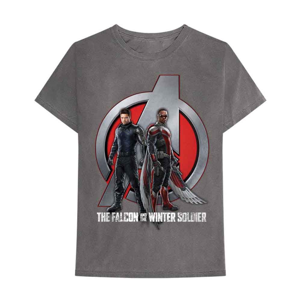 Charcoal grey t-shirt featuring Falcon and Winter Soldier with logo.