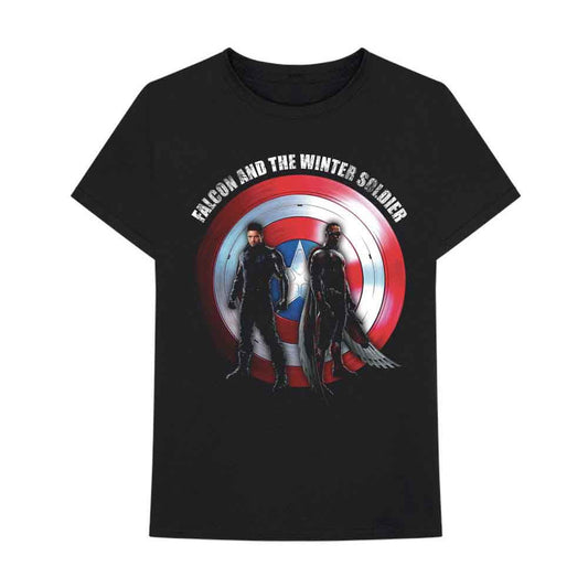 Black t-shirt with Captain America’s shield and Falcon & Winter Soldier imagery.
