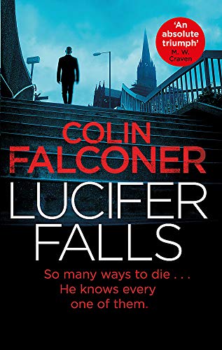 Book cover: man on stairs, gothic architecture, red title "Lucifer Falls".