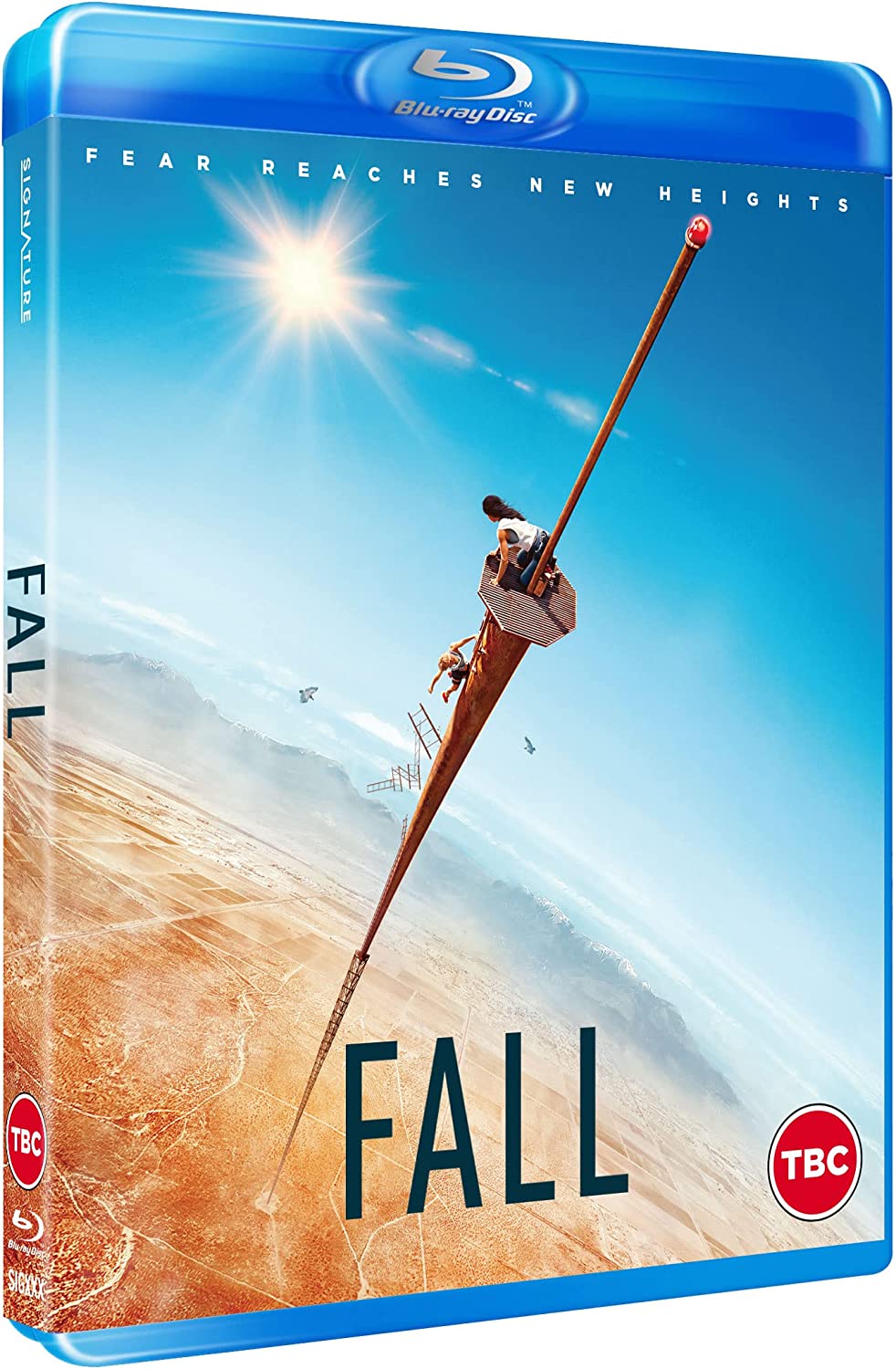 Blu-ray cover art for the film Fall showing two people atop a tall tower.
