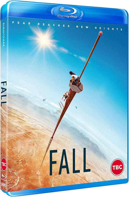 Blu-ray cover art for the film Fall showing two people atop a tall tower.