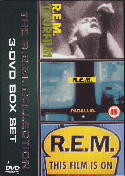 DVD box set for R.E.M. tour film, featuring band imagery and logos.