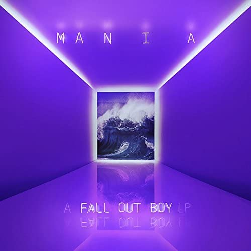 Purple album cover for Fall Out Boy’s “MANIA” with a seascape image.
