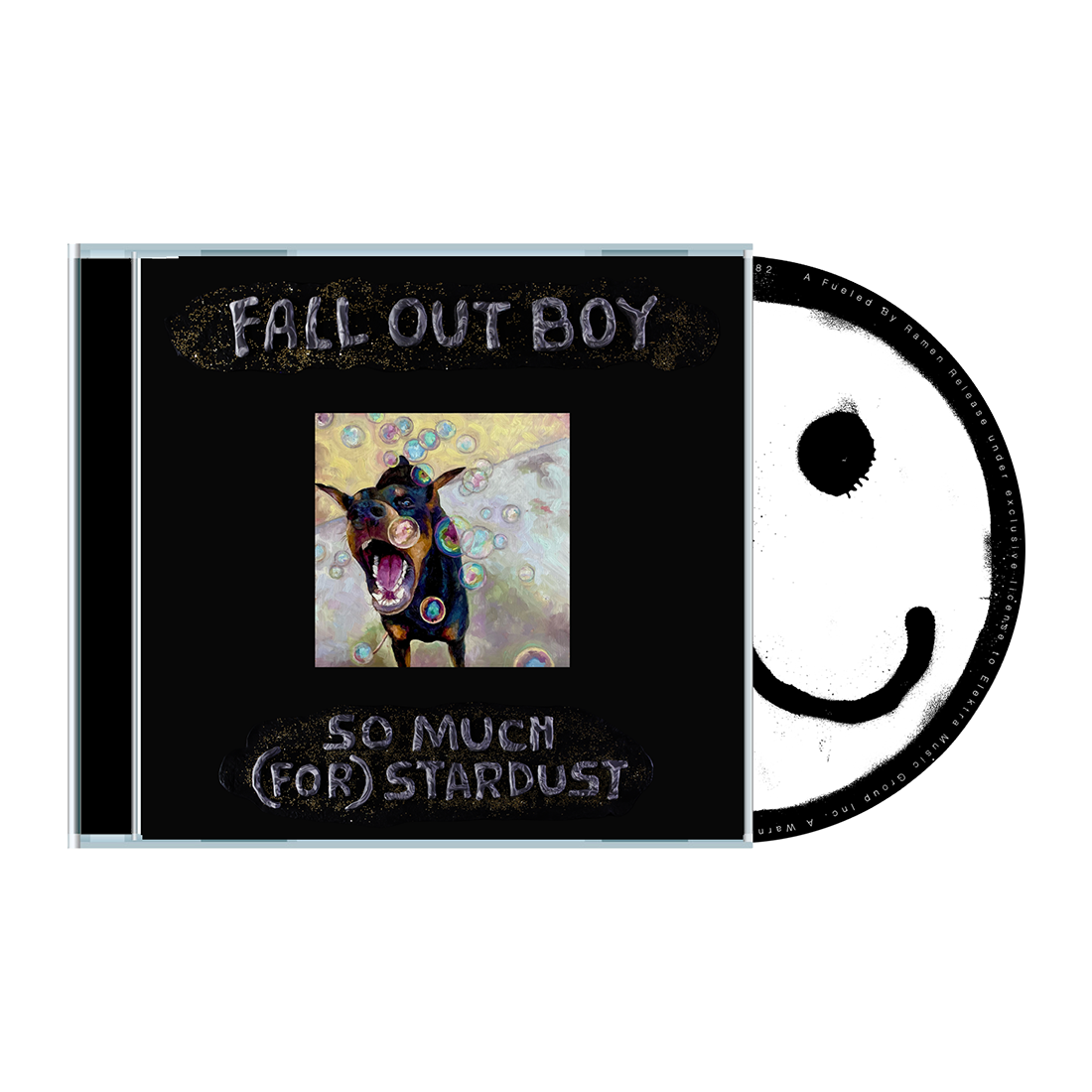 "CD case with black cover, featuring dog image and 'Fall Out Boy' text, with disc."