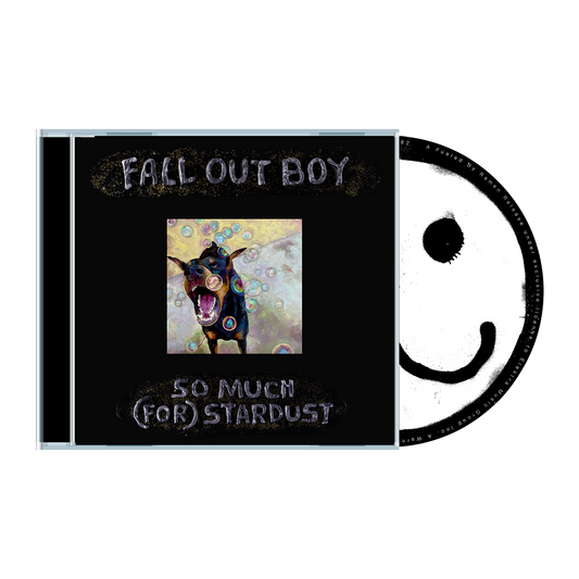 "CD case with black cover, featuring dog image and 'Fall Out Boy' text, with disc."