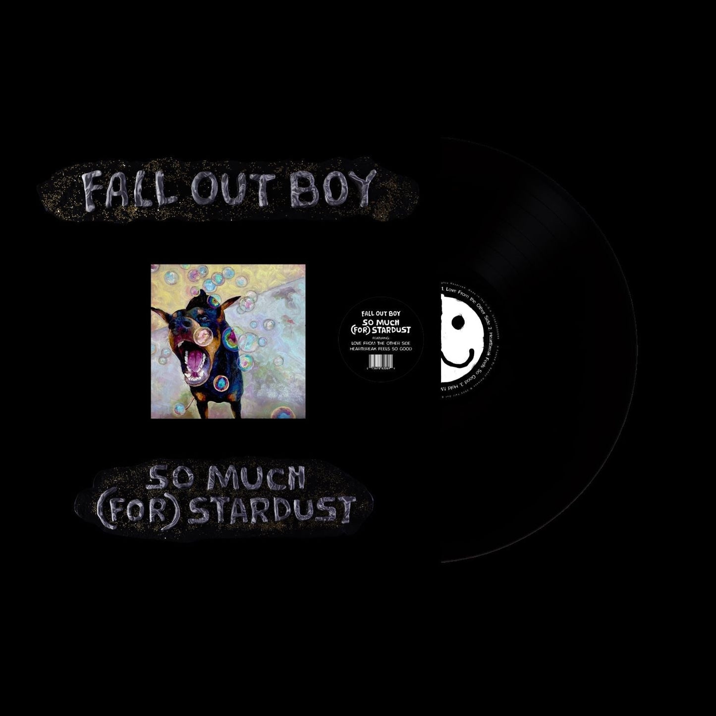 "Black vinyl record with 'Fall Out Boy - So Much (For) Stardust' artwork and label."