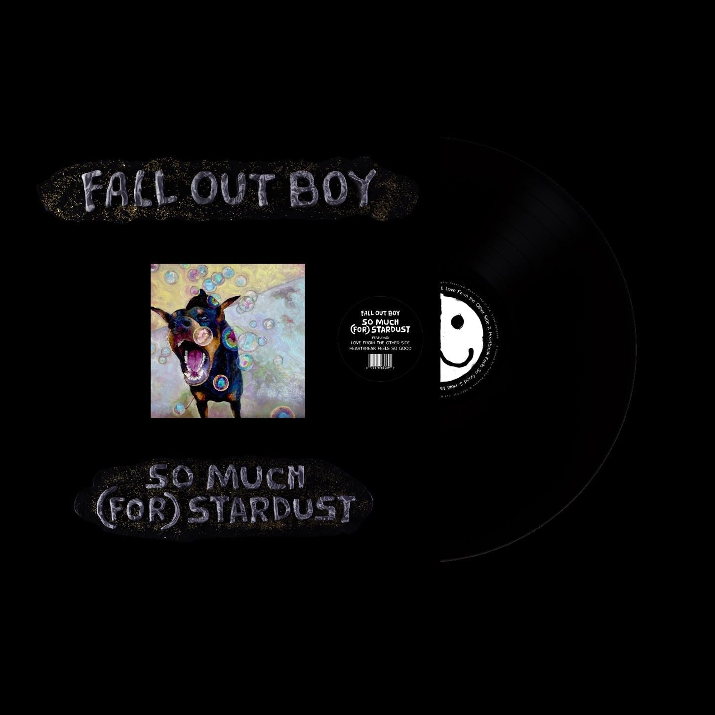 "Black vinyl record with 'Fall Out Boy - So Much (For) Stardust' artwork and label."