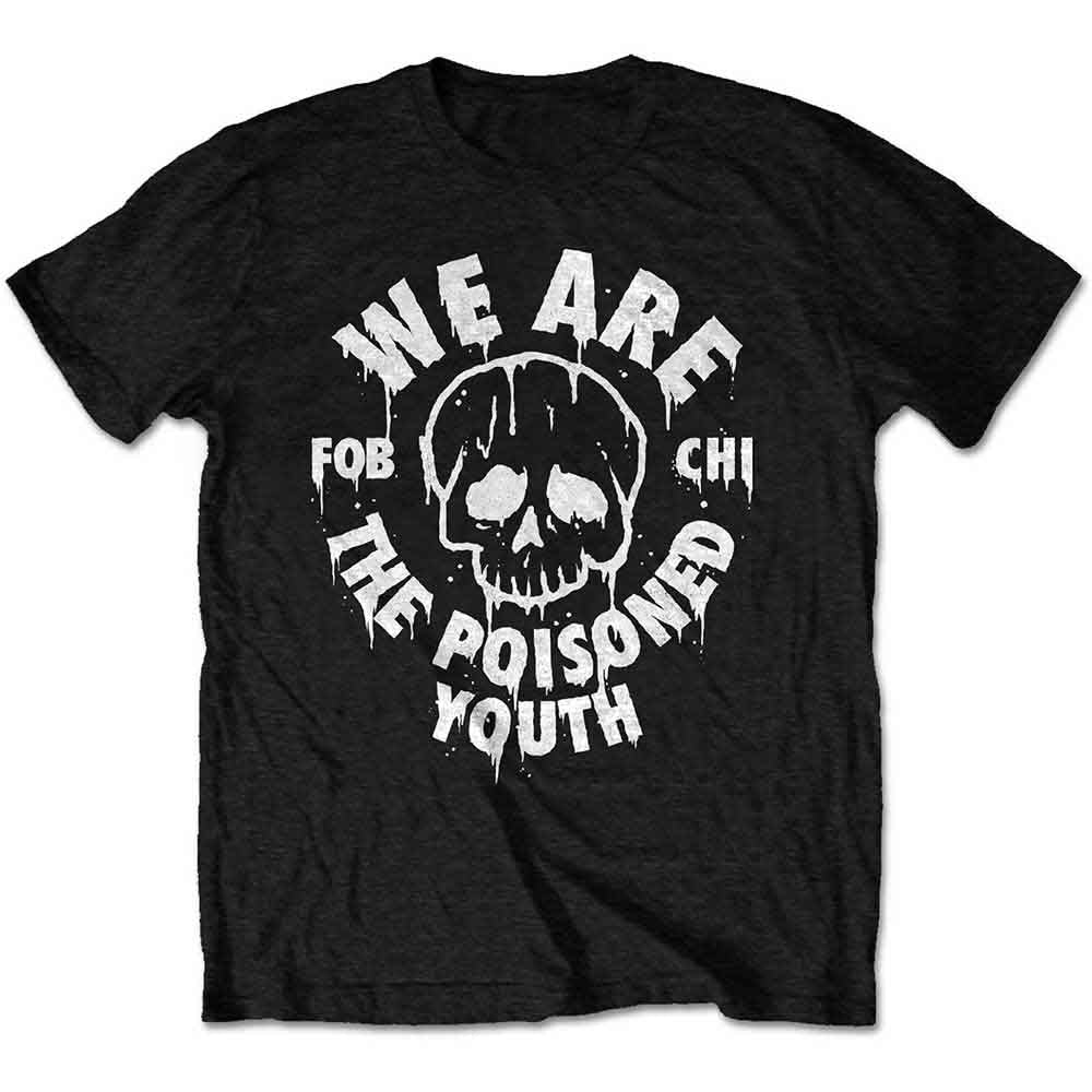 Black unisex t-shirt featuring a graphic design titled Poisoned Youth by Fall Out Boy.