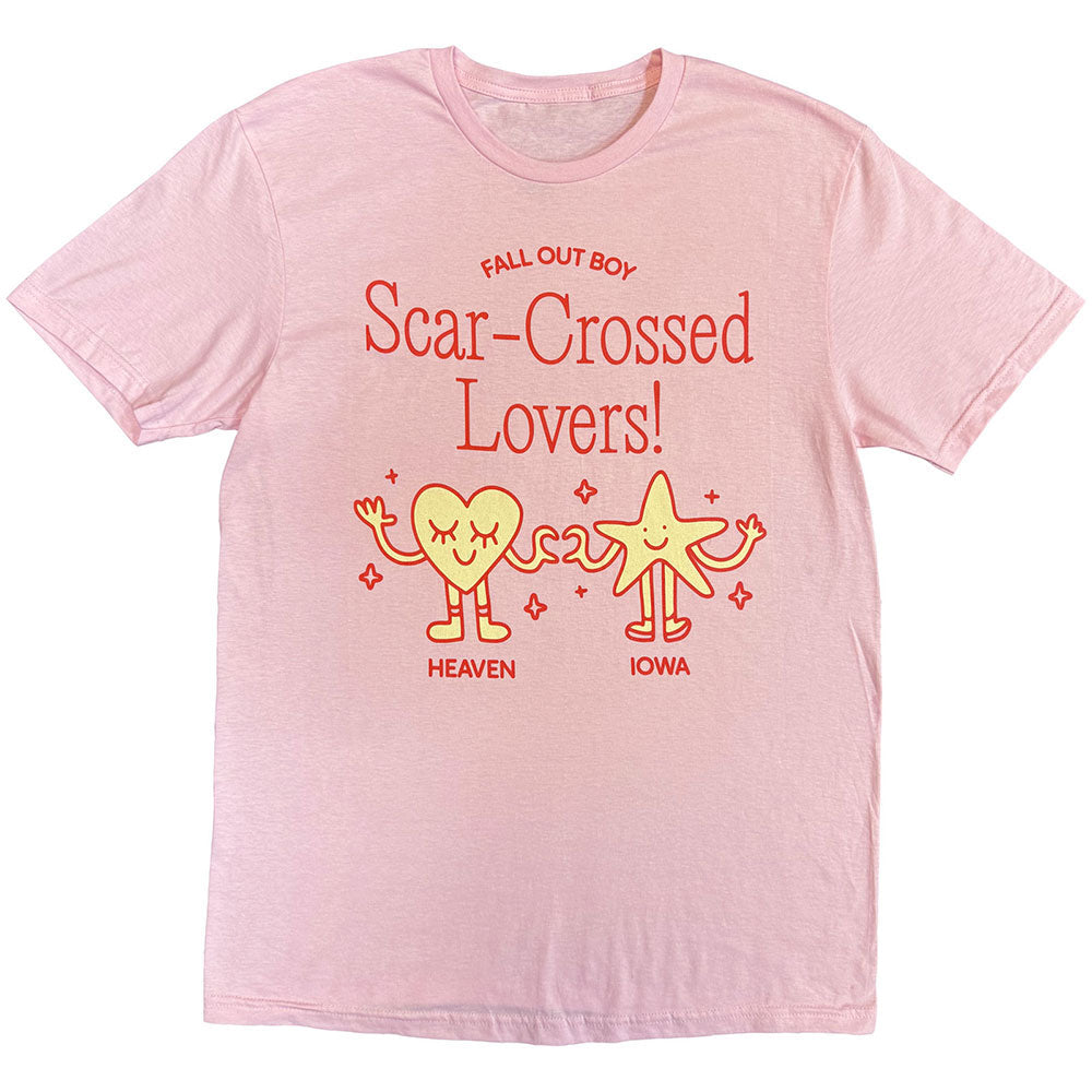 Pink t-shirt with "Scar-Crossed Lovers" graphic of stick figures.