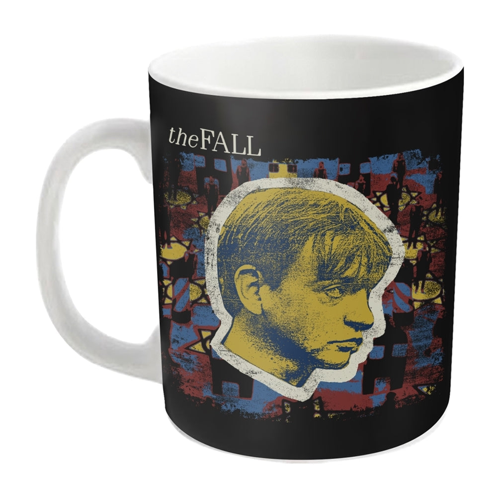 White mug with black background, portrait and abstract red/blue design.