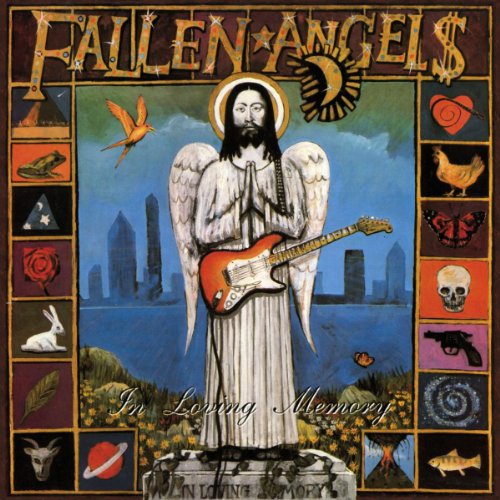 "Album cover art featuring an angel with a guitar, surrounded by symbolic icons."