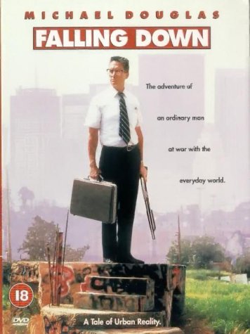 DVD cover for "Falling Down" featuring Michael Douglas with a briefcase.