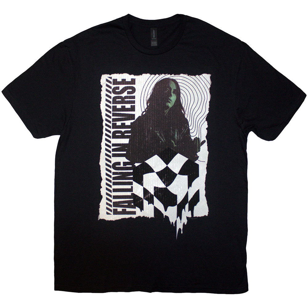 Black t-shirt with “Falling In Reverse” and checkered pattern design.