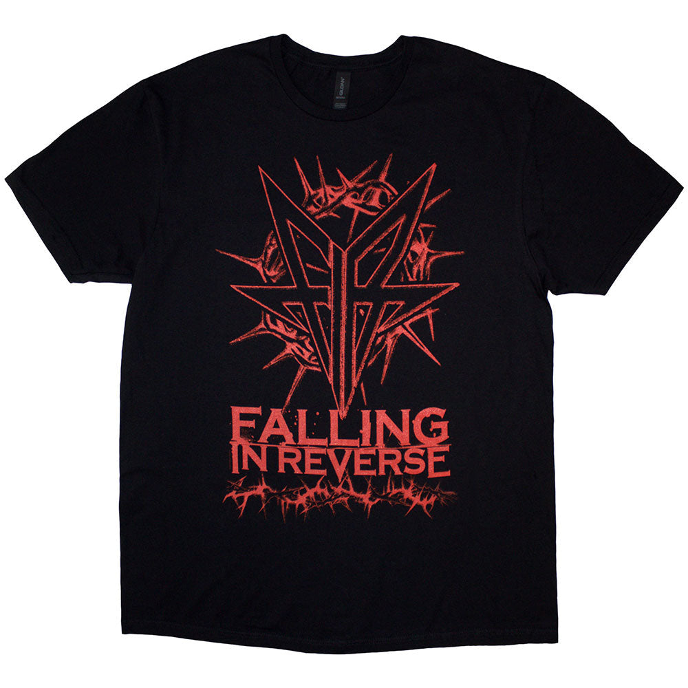 Black unisex T-shirt featuring a Falling In Reverse graphic design with thorn motifs.