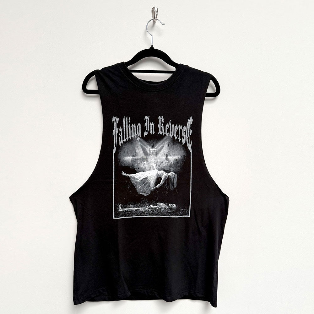 Black vest t-shirt with “Falling In Reverse” and “Floating” design, size small.