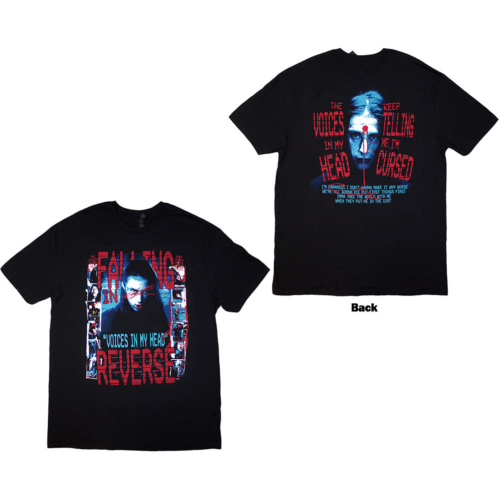 Black unisex t-shirt with large “Falling In Reverse” voice collage design on back.