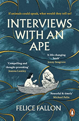 Book cover: person interviewing an ape in a small boat on water.