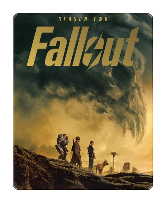 Fallout Season Two steelbook cover featuring characters and a dog in a wasteland landscape.