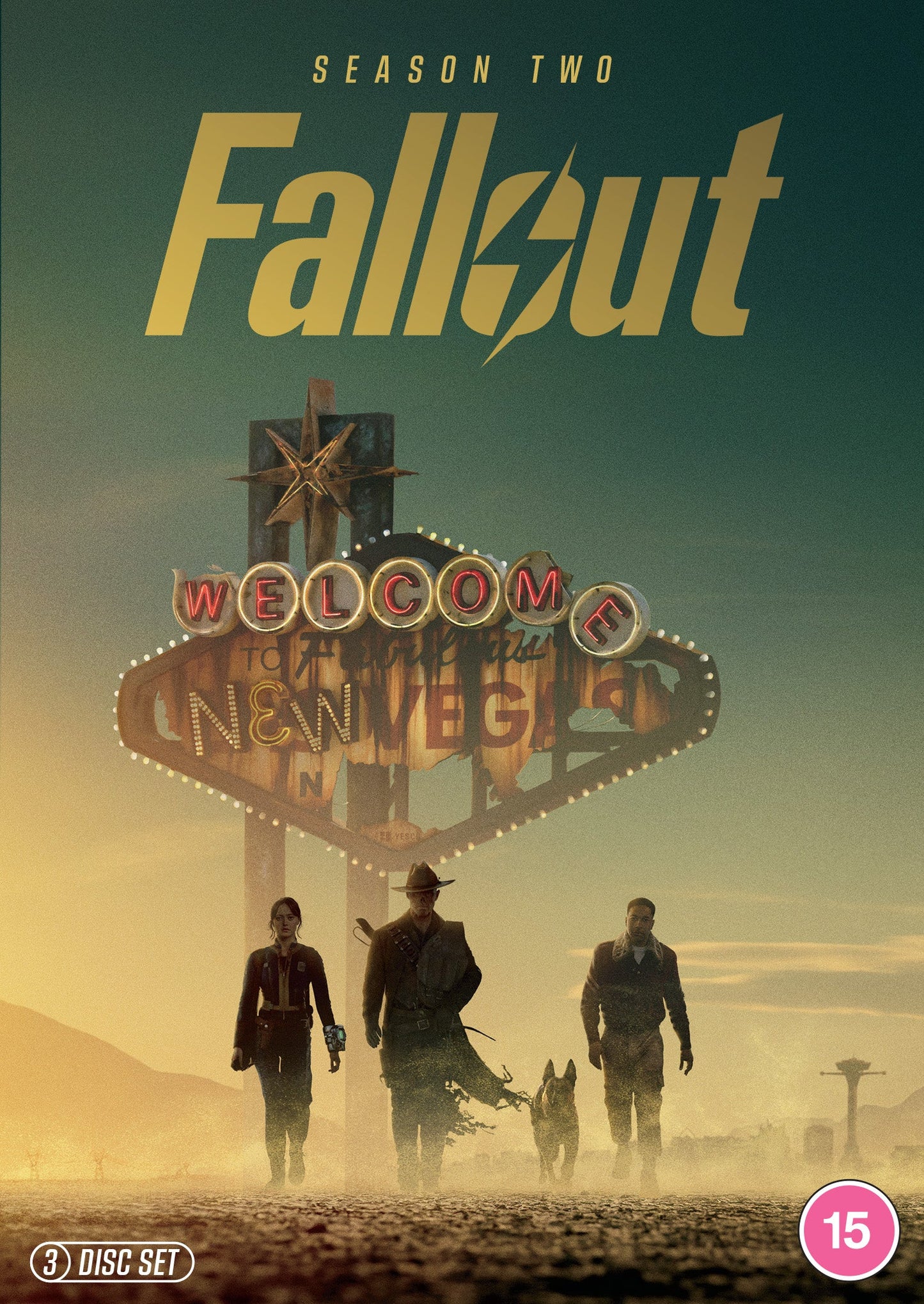 Fallout: Season Two" DVD cover featuring characters walking towards New Vegas sign.