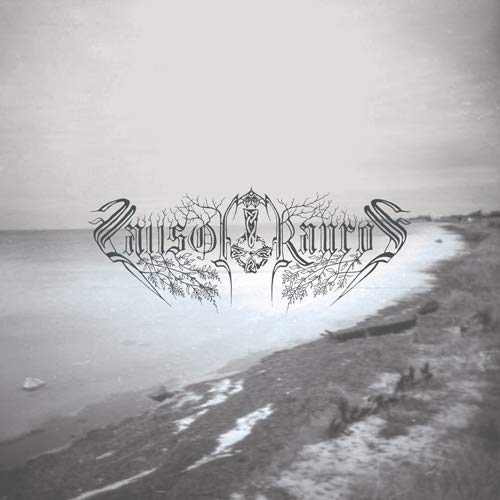 Black and white album cover with band logo over a shoreline.