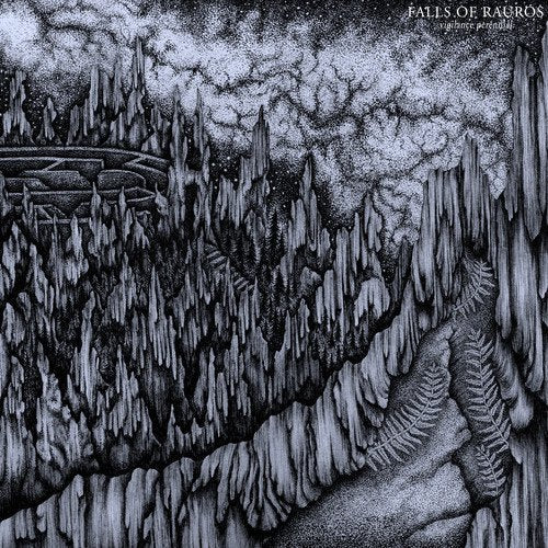 Black and white illustration of jagged peaks under a cloudy sky.