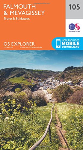 Ordnance Survey Explorer map 105 of Falmouth and Mevagissey featuring a coastal village landscape.