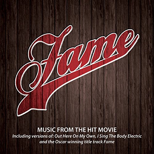 CD cover for “Fame” soundtrack with red script on woodgrain background.