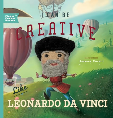 Book cover featuring a cartoon Leonardo da Vinci with hot air balloons.