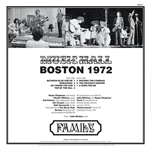 Record album cover for Family’s “Boston Music Hall 1972” with band photo.