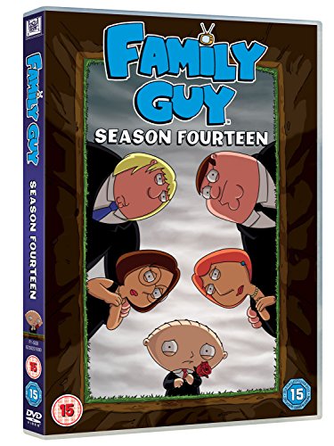 Family Guy Season 14 DVD cover with cartoon characters in frames.