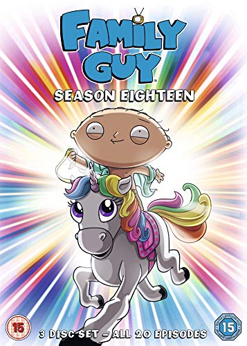 "Family Guy Season 18 DVD cover featuring Stewie riding a colorful unicorn."
