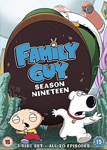 Family Guy Season Nineteen DVD cover with Peter, Stewie, and Brian.