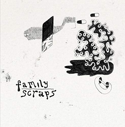 Black and white line art with abstract shapes, pills, and the text Family Scraps.
