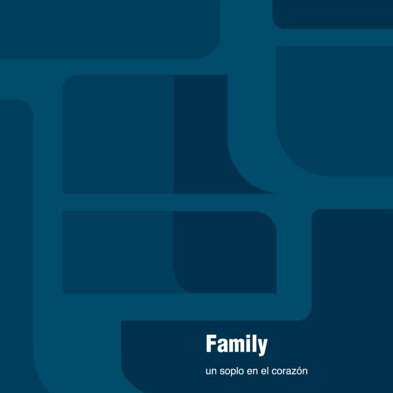 Dark blue album cover for "Family - Un Soplo En El Corazón" vinyl.