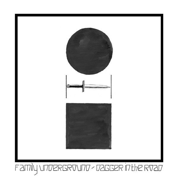Black and white album cover with a dagger and circle design.