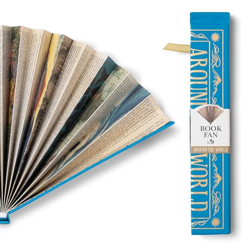 An accordion-folded paper fan made of book pages next to its blue storage box.