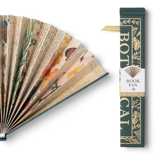 Folded paper fan with botanical illustrations and dark green packaging.