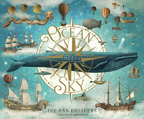 Whale, ships, and air balloons float around a golden compass with “Ocean Meets Sky”.