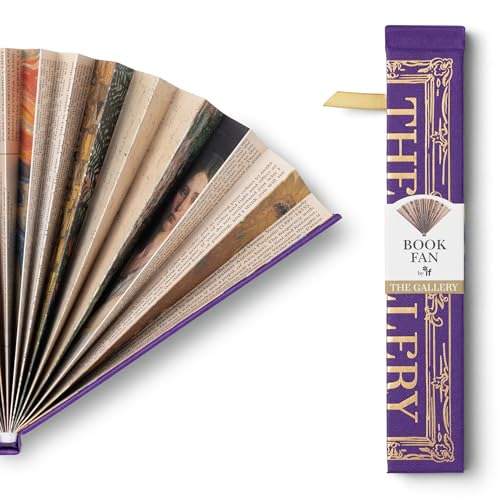 An accordion-folded paper fan featuring art prints next to its purple storage box.