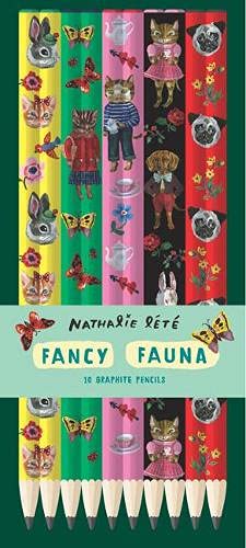 Ten graphite pencils with colorful, illustrated animal and floral designs.