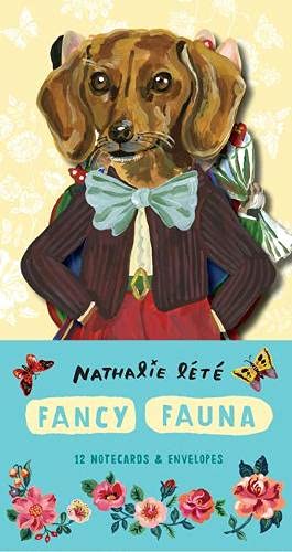 Illustration of a dachshund wearing a bow tie and jacket on a notecard set.