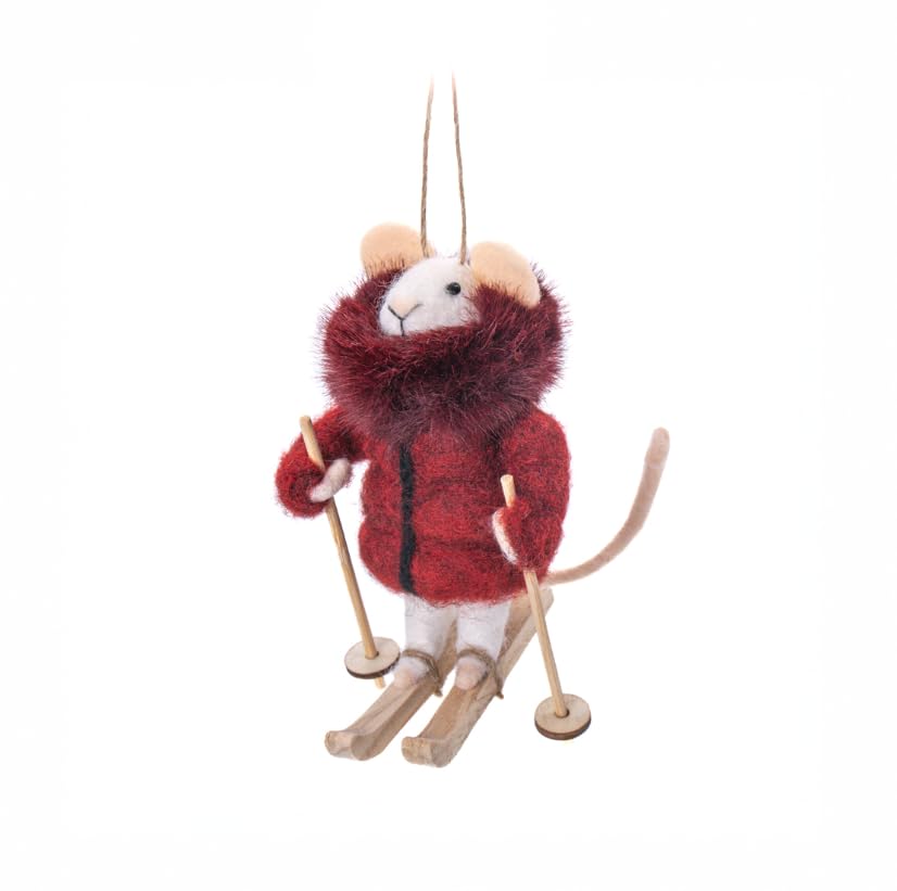 White mouse figure wearing a red ski jacket and skis.