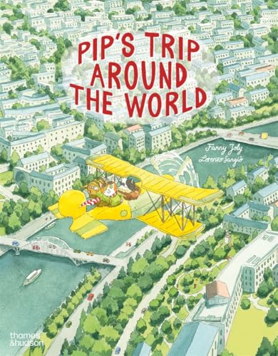 A yellow biplane carrying characters flies over a city with a river and bridge.