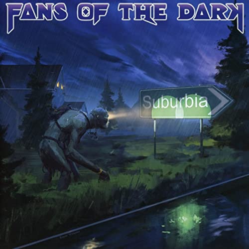 CD cover art: creature near a "Suburbia" sign in a stormy landscape.
