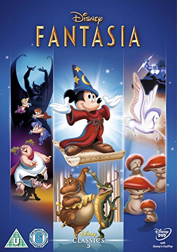 DVD cover featuring Mickey Mouse as a wizard on a sheet music, blue background.