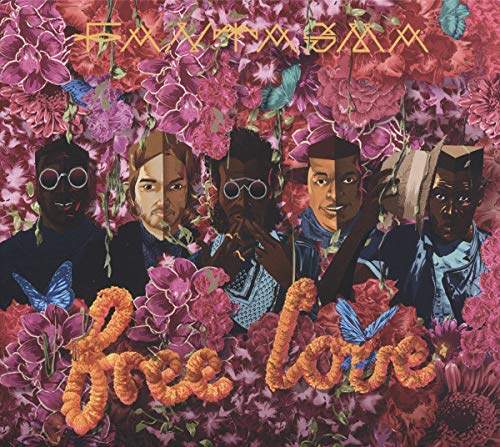 The image depicts a vinyl album cover with a collage of five people's faces and flowers.