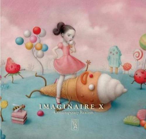 Girl in pink dress stands amidst oversized sweets and fantastical creatures.