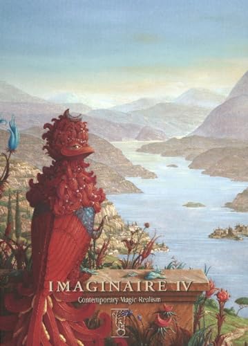 Painting of a fantastical red bird figure overlooking a mountainous landscape.