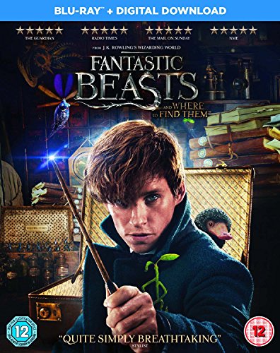 "Blu-ray cover of 'Fantastic Beasts' featuring a man holding a wand, surrounded by magical items."